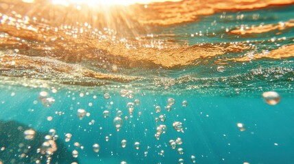 Dreamy underwater scene bathed in sunlight with beautiful light rays creating a tranquil and aquatic atmosphere