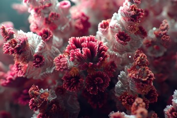 Close-up of red and white soft coral forming intricate, branching structures in a dimly lit, underwater environment. 