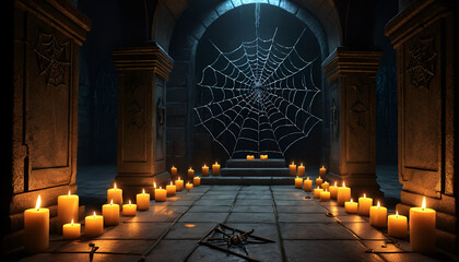 Dark, ancient crypt with spiderweb and candles