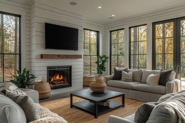 Stylish living room with sleek gray sofas, black coffee table, natural jute rug, and fireplace on a white shiplap wall.