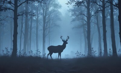 Vector silhouette of deer in blue misty woodland , blue,  vector illustration,  graceful