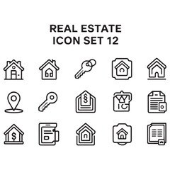 Fototapeta premium Real Estate Line black Icon Set. A comprehensive collection of stylish and professional icons designed for the real estate industry, perfect for enhancing property listings, websites,
