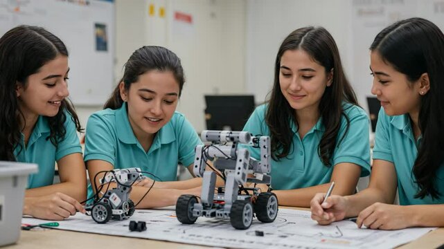Hispanic Students In Stem Education, Female High School Team Working On Robotics Project, Educational Technology And Engineering Learning, Youth Innovation