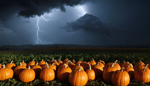 Pumpkins in a field during a stormy night