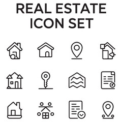 Real Estate Line black Icon Set. A comprehensive collection of stylish and professional icons designed for the real estate industry, perfect for enhancing property listings, websites,