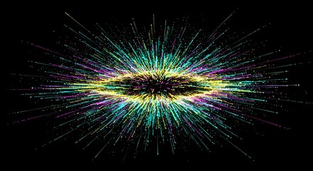 Fototapeta premium Radiating Burst of Data Streams in Neon Colors Against Black Backdrop - Data Visualization, Cyberpunk, Abstract Technology, Glowing Particle Trails Effect