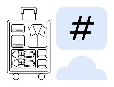 Packed suitcase with compartments for clothes and shoes next to a metadata tag and cloud graphic. Ideal for travel, vacation planning, packing, organization, social media, digital branding, simple