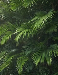 Vibrant green palm leaves, sunlight dappled, lush texture, tropical design, close-up, tropical atmosphere