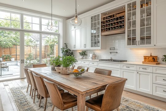 White cabinets with glass doors, empty wall above the dining table, built-in wine rack, and a light grey grout backsplash in a neutral color kitchen.