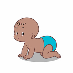 Afro American baby in blue diaper crawling around. Hand drawn flat design vector Illustration.