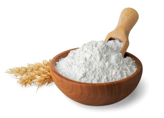 wheat flour in wooden bowl and scoop inserted on top ears near isolated on white background