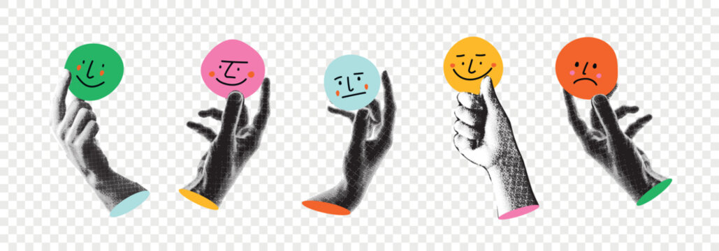 Retro halftone collage elements set. Hands holding emoji, positive and negative feedback.Concept of customer experience.Trendy vector illustration with paper cut-out shapes on a transparent background