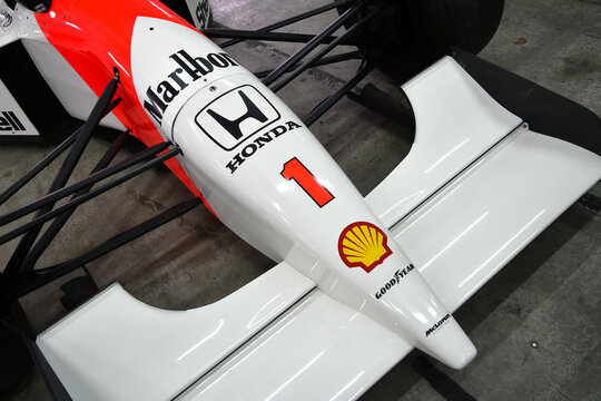 Imola, April 27th 2019: Historic 1992 F1 McLaren MP4-7 ex Ayrton Senna - Gerhard Berger in the box during Minardi Historic Day 2019 at Imola Circuit in Italy