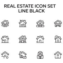Real Estate Line black Icon Set. A comprehensive collection of stylish and professional icons designed for the real estate industry, perfect for enhancing property listings, websites,
