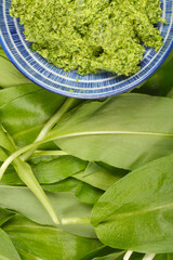 A blue and white bowl filled with vibrant green wild garlic (Allium ursinum) butter is nestled amongst fresh wild garlic leaves in a top-down composition