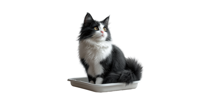 Fluffy Black And Cat Sitting In Litter Box. Pet Hygiene And Care Concept Isolated On Transparent Background