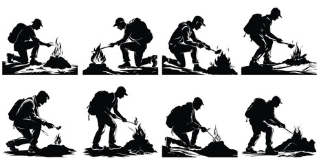 Hiker lighting a small campfire silhouette vector illustration