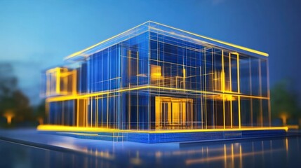 Obraz premium Modern glass house, night render, landscape