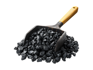 Coal shovel with black coal chunks isolated on transparent background