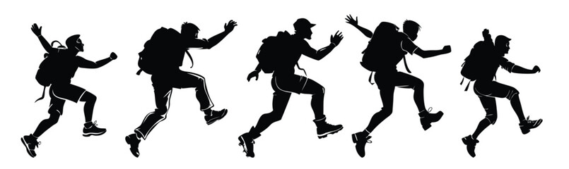 Hiker jumping between rocks silhouette vector illustration