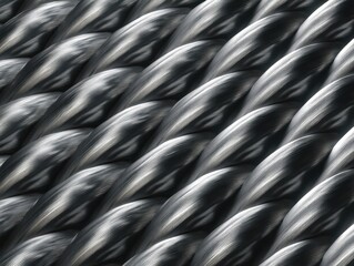 Detailed abstract image of braided silver colored fiber cables with shadowing, weaving in a uniform manner. Visual texture and metallic appearance.