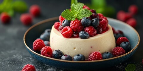 Delicious dessert featuring creamy panna cotta topped with fresh berries and mint on a dark background
