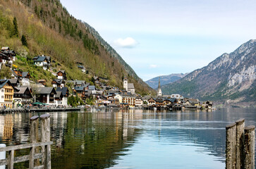 Hallstatt Austria. Alpine Village Nestled Between Mountain Ranges