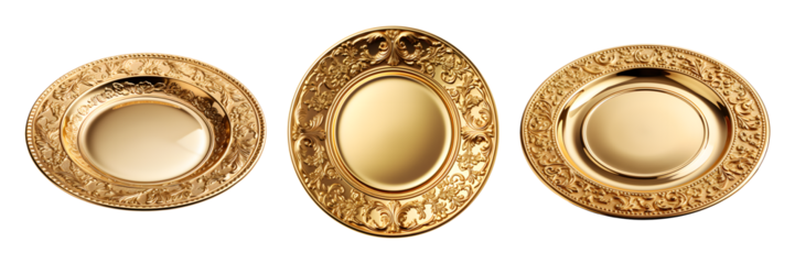 Set of golden plates isolated on transparent background