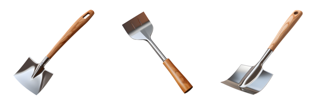 Set of metal shovels with wooden handle isolated on transparent background