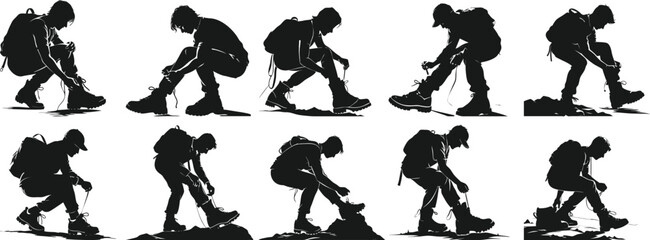 Silhouette of a hiker adjusting their bootlaces vector illustration