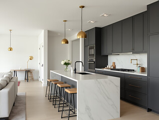 Open-concept quiet luxury kitchen and living area: matte graphite cabinets, light marble countertop, neutral-toned sofa, brass sconces. Off-white walls.