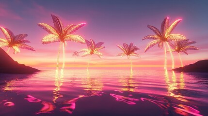 Neon Palms Sunset Beach Calm Ocean