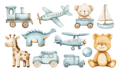 boy toy set watercolor. blue train car airplane boat dinosaur brown giraffe teddy bear ball, kids small childhood cute gentle hand drawn design element object vector illustration