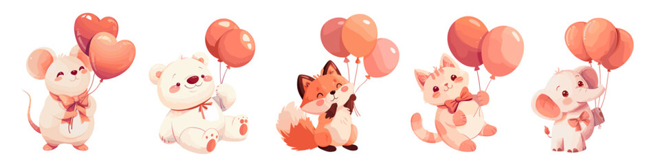 Obraz premium cute animals with balloons. mouse bear fox kitten elephant holding red balloon cartoon, kind child kids fairy tale character postcard design gift love vector illustration