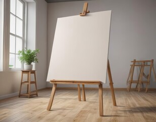 Wooden easel legs supporting a large blank canvas in a studio ,  color,  brown,  studio
