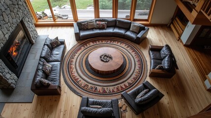 Cozy living area with circular furniture arrangement around a central coffee table