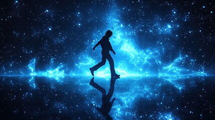Naklejka premium Silhouetted figure walks through a cosmic space, reflecting on an ethereal surface.