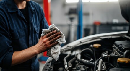 Male mechanic cleaning hands with rag near car engine in auto repair shop