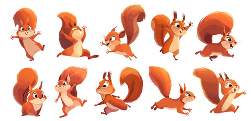 red squirrels cartoon set. brown squirrel, funny amusing cheerful kind cute character jumping running sitting wild forest animal vector illustration © ssstocker