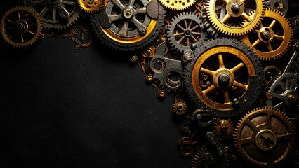 Fototapeta premium A detailed view of gears, a mesmerizing blend of mechanical complexity and industrial aesthetics. Golden and bronze gears interlock, creating a intricate pattern and a sense of motion
