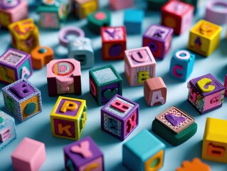Colorful assortment of child's learning blocks with letters and shapes on a soft blue surface. Educational toys for children.