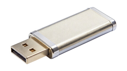 Shiny golden USB drive for file storage on a white background