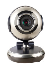 A highresolution closeup view of a modern metallic webcam on a white backdrop