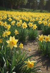 Fototapeta premium Sunlit daffodils burst forth in vibrant yellow against a verdant field , green field, nature photography, botany