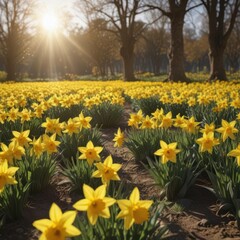 Obraz premium Sunlit field of vibrant yellow daffodils in full bloom , bloom, yellow