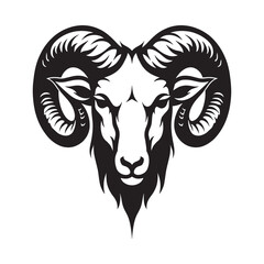 Black and white stylized illustration of a ram's head Logo or silhouette