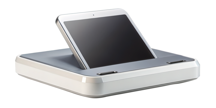 Silver tablet docked in a white and grey charging station showcasing tech