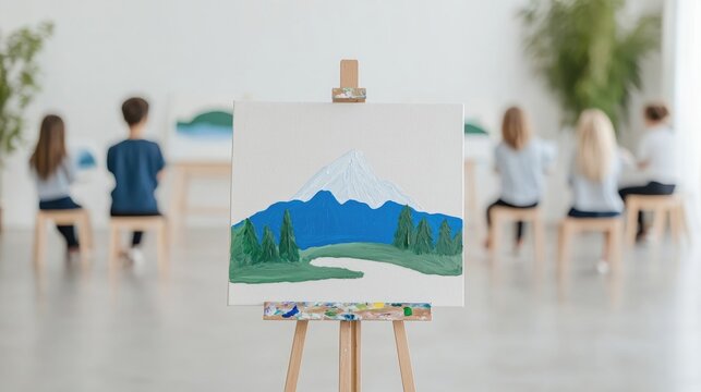 Childrens' painting class, mountain landscape