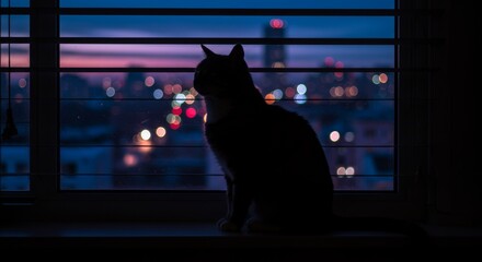 Mysterious feline silhouette on a windowsill observes nocturnal cityscape through blinds