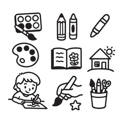Hand-Drawn Black & White Drawing & Coloring Icons for Kids